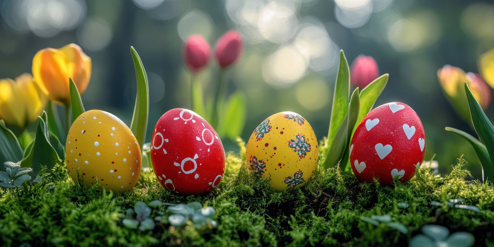 Colorful easter eggs arranged in a garden setting with vibrant flowers during springtime
